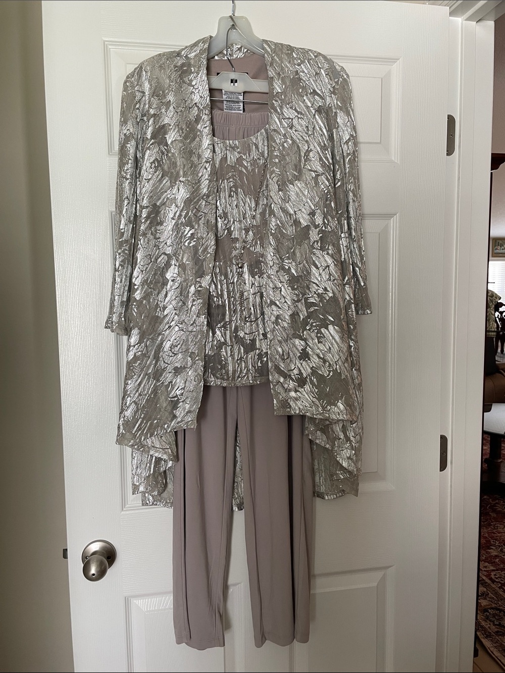 R&M Richards Taupe and Silver Metallic 3-Piece Ensemble NWT
